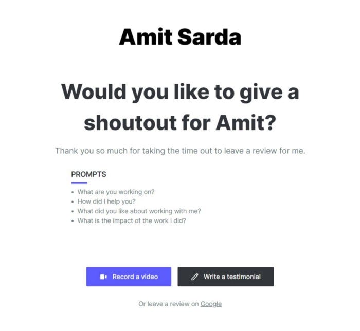 Amit Sarda’s Testimonial collection page