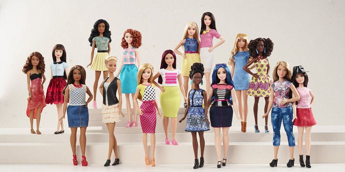 The image is of Barbie dolls of various sizes, shapes and skin tones.