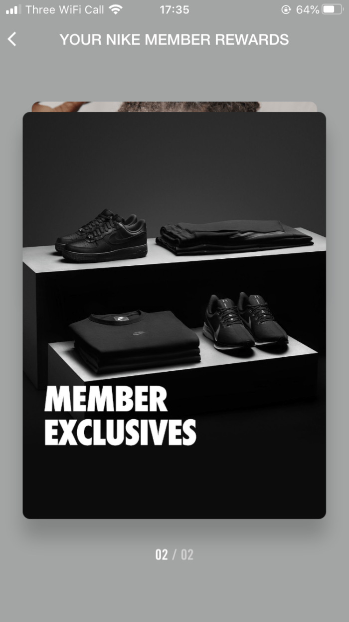 Screenshot of the Members Exclusives page on the Nike loyalty page