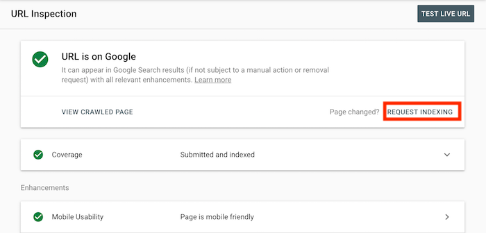Google search console screen highlighting request indexing option.
