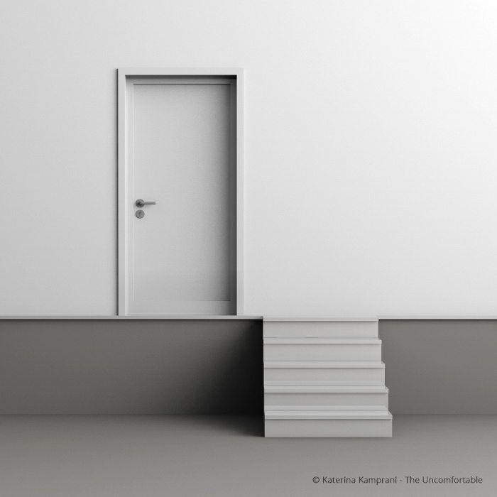 Artist Katerina Kamprani’s famous image from the Uncomfortable series of works of a door misalgined with the staricase beneath it off to the right.
