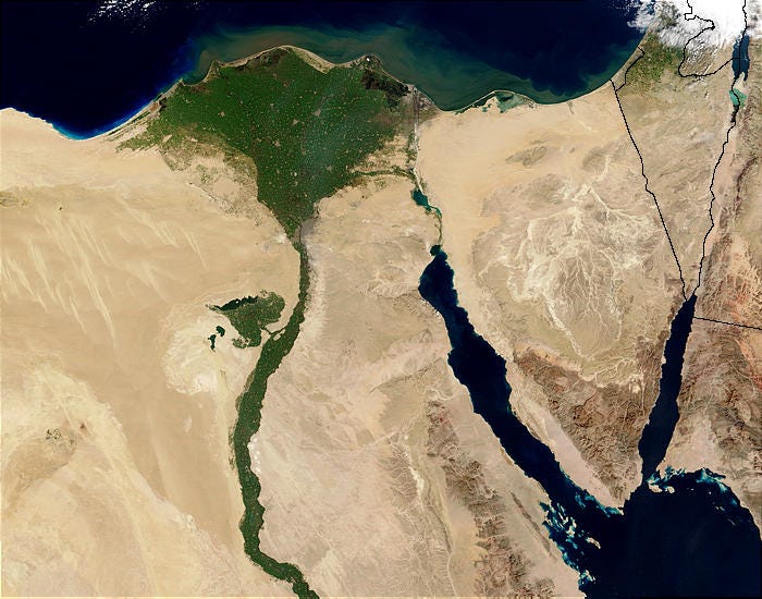 Satellite view of the Nile basin in Egypt. The entire country is made out of sand and only around the river there is vegetation.