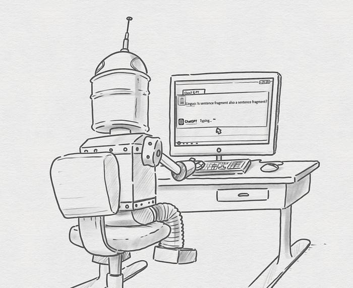 Lisa Simpson’s robot Linguo sitting in front of a computer using ChatGPT