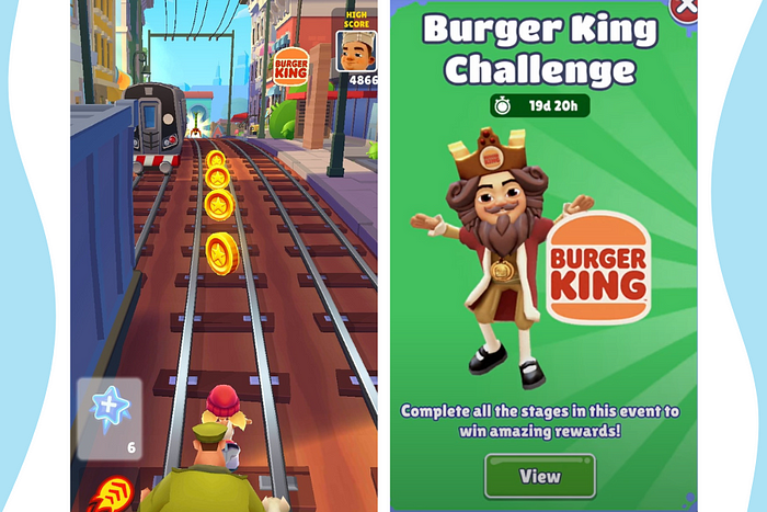 Subway Surfers Mobile Game, screenshot of game play on left side, advertisement for “Burger King Challenge” on right, with caption “Complete all the stages in this event to win amazing rewards!” with image of Burger King Character Costume.
