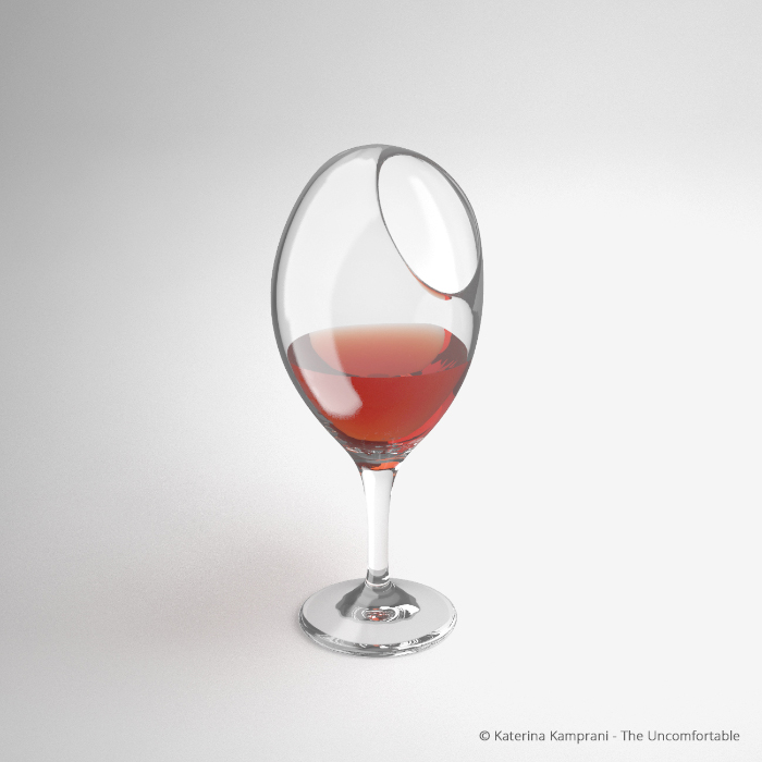 Mis-designed wine glass that is impossible to drink out of as the hole is on the side. Art piece called “The uncomfortable wine glass” — made by 3D artist Katerina Kamprani.