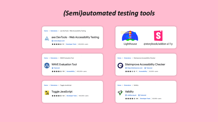 Automated accessibility testing tools arranged in a grid — including Axe DevTools, Lighthouse, WAVE, SiteImprove, Toggle JavaScript and Validity