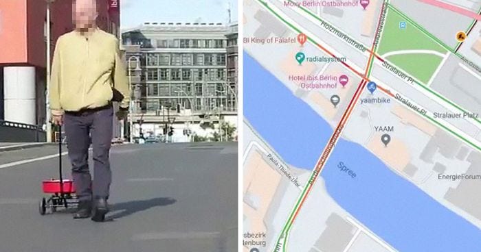 On the left, an image of a person with a pixelated face walking on a street while pulling a handcart. On the right, a screenshot of Google Maps showing heavy traffic on a bridge.