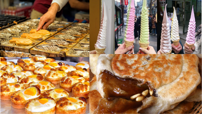 Korean street food like egg bread, bunggeoppang, hotteok, and ice cream at Korean street food markets