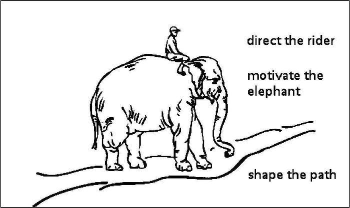 man on elephant. caption: direct the rider, motivate the elephant, shape the path