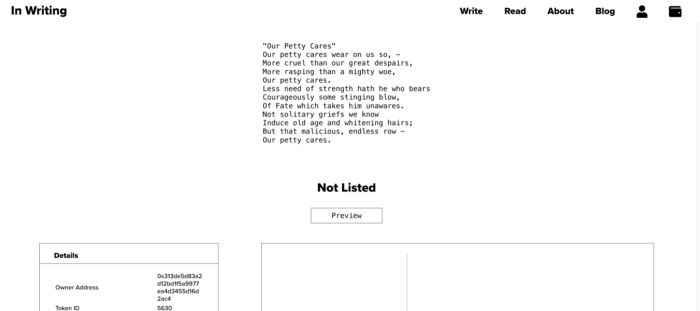 A poem on In Writing that sold for over $800 USD at the time of writing — the link is https://www.inwriting.io/text/?tokenID=5630