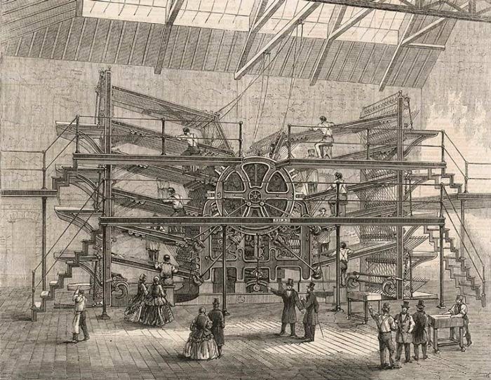 An engraving of Richard March Hoe’s enormoous steam-powered printing press.