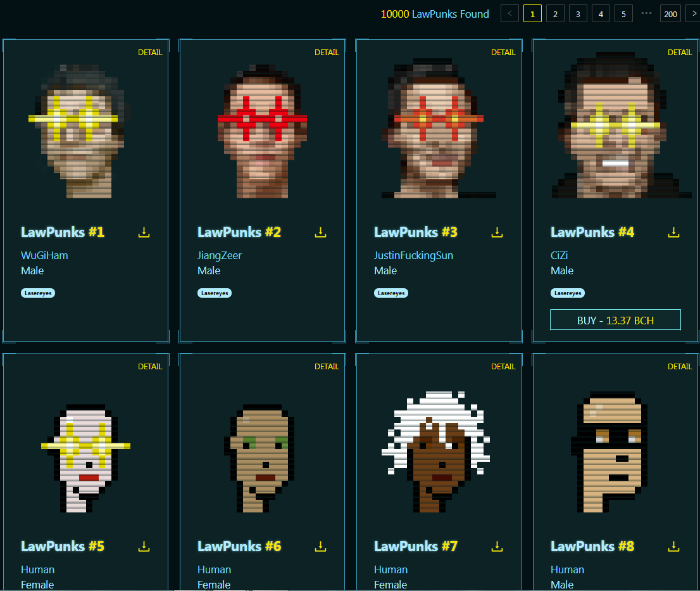 Some of the LawPunks NFTs. These are faces in pixelized graphics, looking like old VGA days.