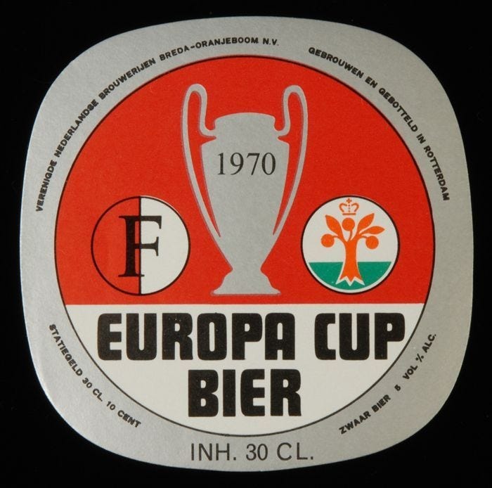 Bottle label Oranjeboom Europa Cup Beer 1970 in red and white