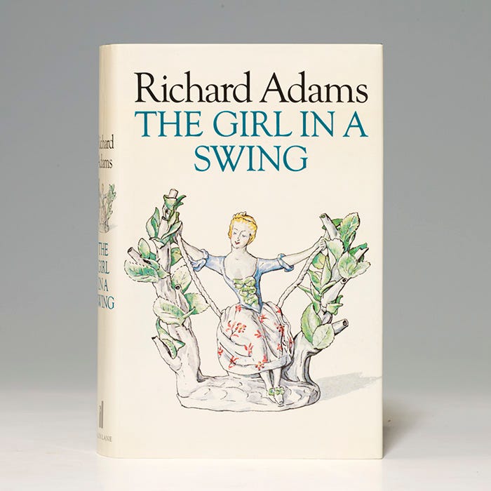 Image of a hardcover copy of The Girl In A Swing by Richard Adams. It’s a first-edition. The art on the dust jacket is a drawing of a Girl-in-a-Swing figure, made by Charles Gouyn between 1749 and 1759