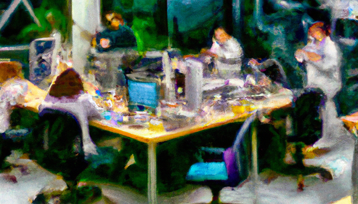 An impressionist-style oil painting of several people in an office, busily working around a table covered with computers.