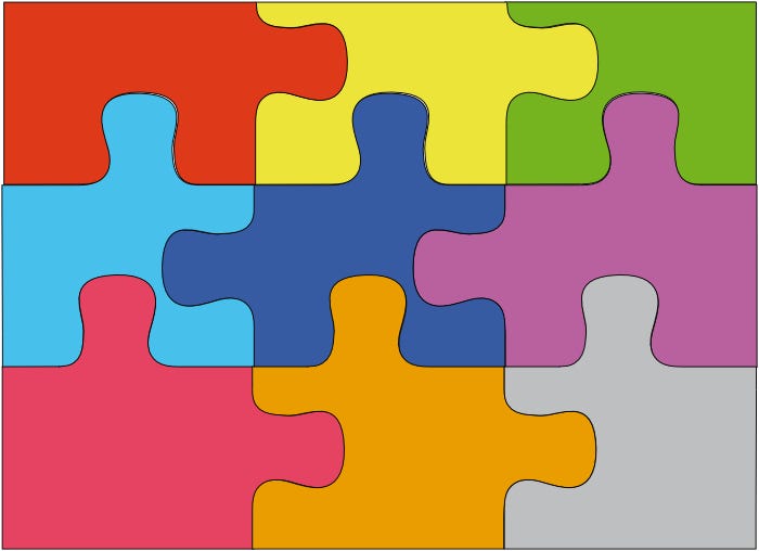 Puzzle pieces connect together, symbolizing the formation of identity through habits.