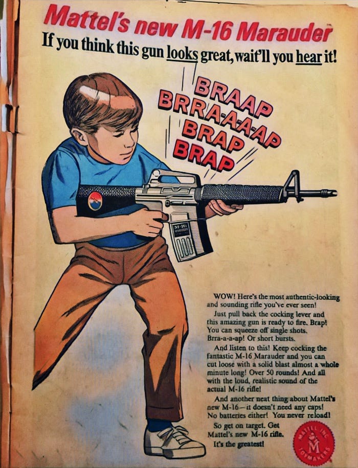 An illustrated page from a 1968 comic book shows a young boy, holding a machine gun, happily pointing it as illustrated letters show the sound of the gun firing.