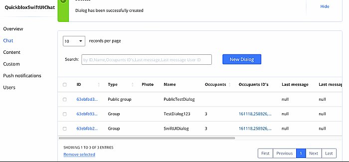 QuickBlox dashboard — list of dialogs