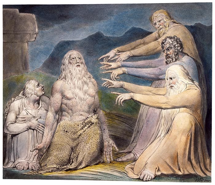 Painting of Job shirtless and covered in sores, with his wife huddled next to him looking up in concern, as three men to the right all point their fingers at him.