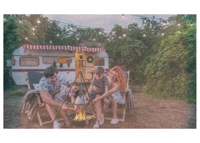 a family cooking in front of a campfire while sitting in front of a travel trailer underneath string lights