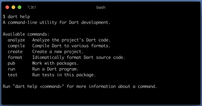 Screenshot of the output of `dart help`.