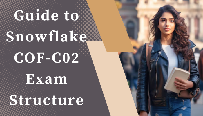Guide to Snowflake COF-C02 Exam Structure banner featuring a confident young woman walking in a city, holding a book.