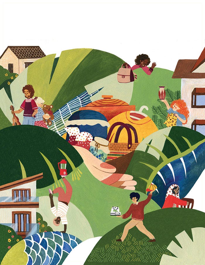This illustration is a representation of a Gift Economy. The green colour is very present throughout the image through large green leaves, trees and branches distributed in different parts. In different places in the photo there are people, all of them from different backgrounds, with a good in their hand that they are carrying to give to someone else. In the centre of the image are large drawn items held by one hand, such as a purse and a blouse on its hanger.