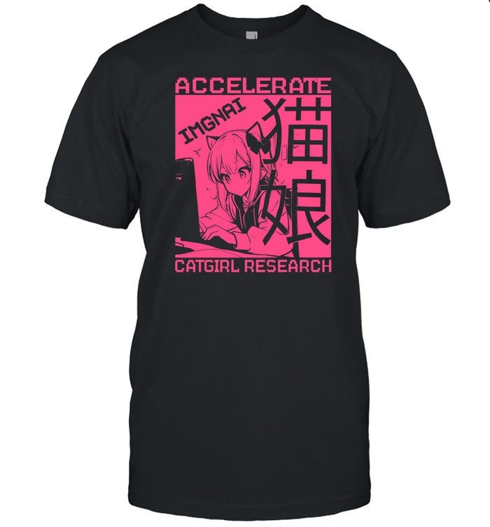 Image of ImgnAI’s branded “Accelerate Catgirl Research” t-shirt