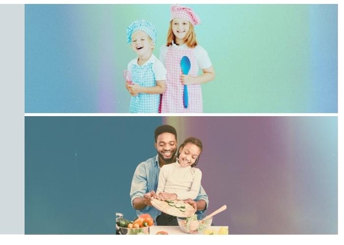 a boy and a girl with baking supplies and a father and daughter cooking