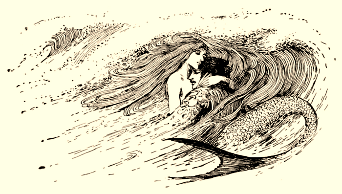 A vintage illustration of a mermaid rescuing a prince as waves crash over them.