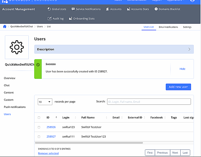 QuickBlox dashboard — Add new user feature