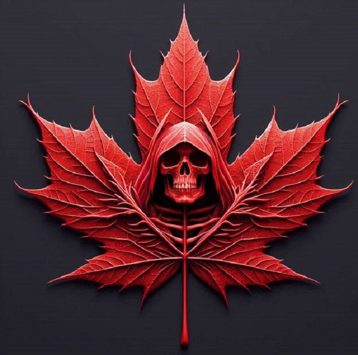 Red maple leaf and grim reaper