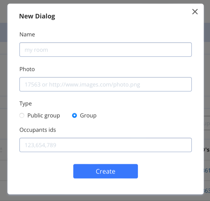 QuickBlox dashboard — create a new dialog template