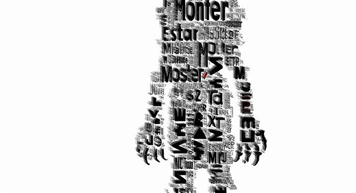 A monster made from a cloud of printed words stands silhouetted like a menacing shadow against a white background