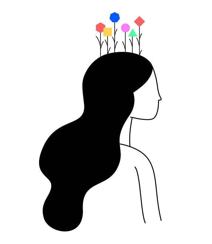 Happy thoughts, woman with geometric flowers in her head