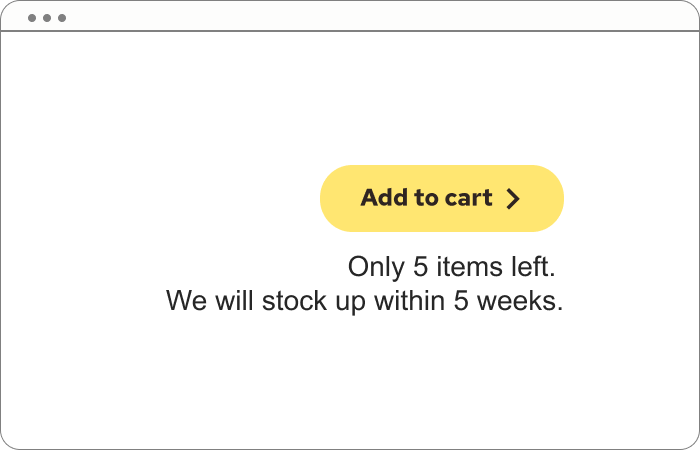 Design sketch with an add to cart button, a notification that “only 5 items are left” and a message stating that “we will stock up within 5 weeks”.
