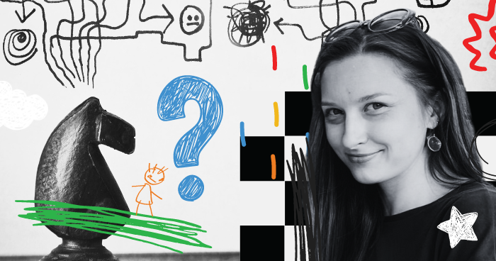 On the left side, there is a black chess knight. On the right side, a smiling Irmina Sadecka, the article’s author and an experienced UX designer, is depicted. Surrounding them are hand-drawn sketches, arrows, and doodles, symbolizing the designer’s thought process.