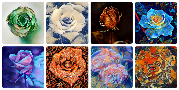La imagen muestra una colección de 8 Rose NFT preciosos de Oasis Network. Cada coleccionable es de un color, fondo y diseño distinto.
