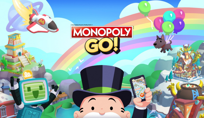 An animation from the Monopoly GO! game. Features top of Mr.Monopolys head in the bottom center holding a smart phone playing the game, title in the top center, PEG-E a robot character in the left-bottom, a spaceship in the left-top corner, the scottie dog in the right-top and a cauldron in the bottom-righthand corner.