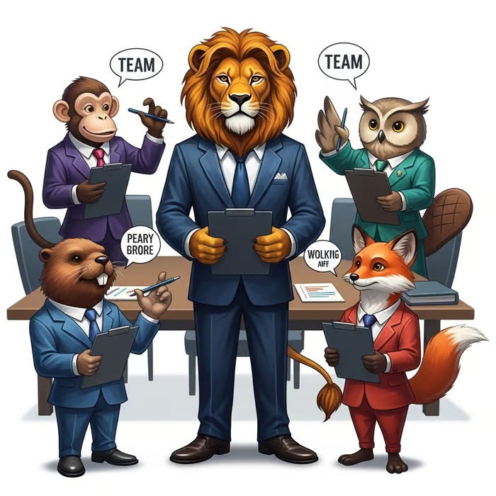 An AI slop cartoon, featuring animals dressed in suits apparently performing business, and saying nonsensical things.