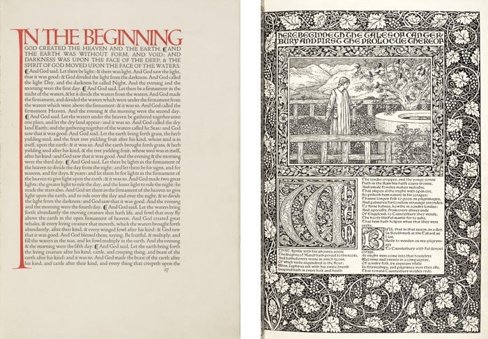 Two adjacent pages both finely printed. Left: Simple layout, one column, wide blank borders, type in black and red. Right: Two columns, highly decorative borders and initials, woodcut of man reading book.