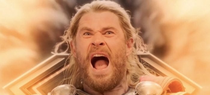 Close up on Thor screaming in terror (screenshot from Thor: Ragnarok)