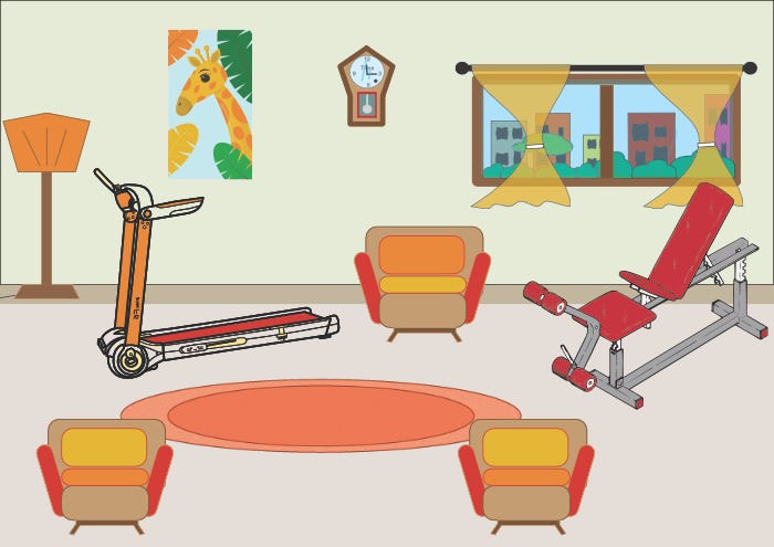 Easy-to-access gym equipment in a home setting, showing how reducing effort aids habit formation.