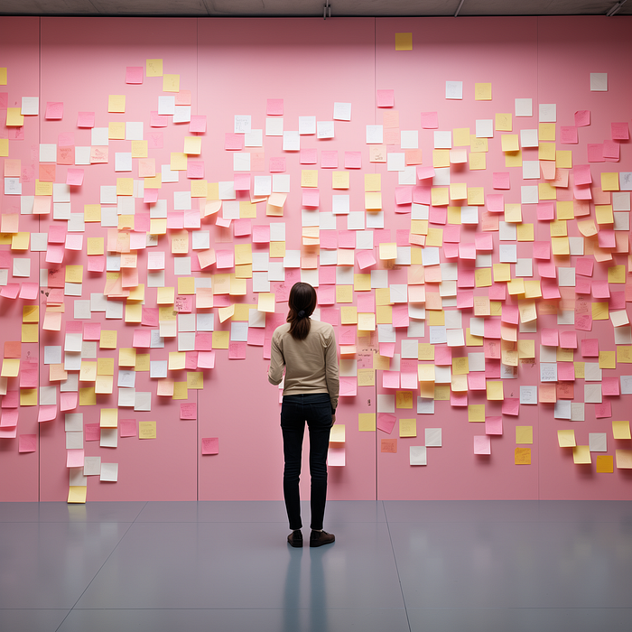 A person stood looking at a lot of Post-it notes on a pink wall