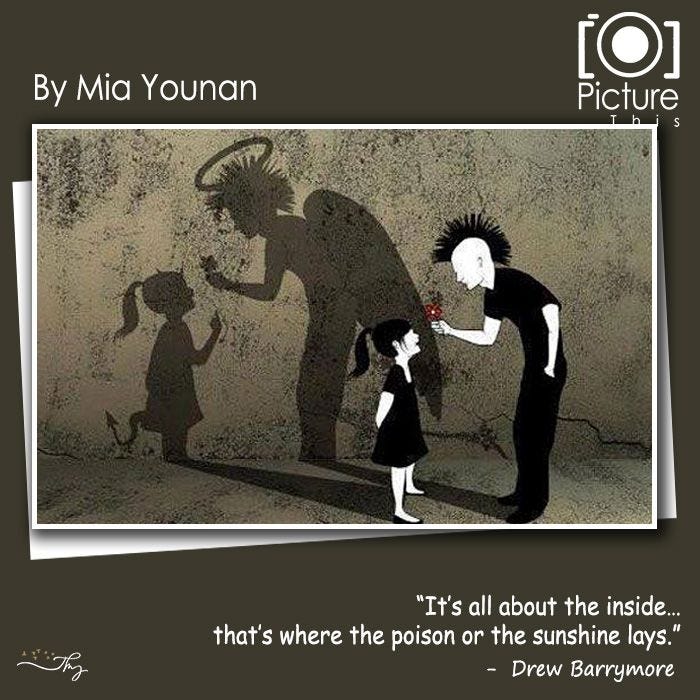 A guy giving flower to a child. Their shadows show that the man is an angel while the child a devil.