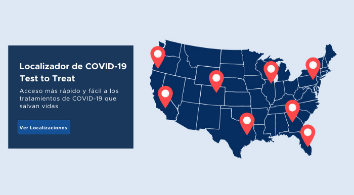 Gráfico de un mapa de los estados unidos en azul marino sobre fondo azul claro que muestra la localizaciones de los lugares para acceder a los tratamientos de COVID-19. El texto dice: “Localizador de COVID-19 Test to Treat. Acceso más rápido y fácil a los tratamientos de COVID-19 que salvan vidas”.