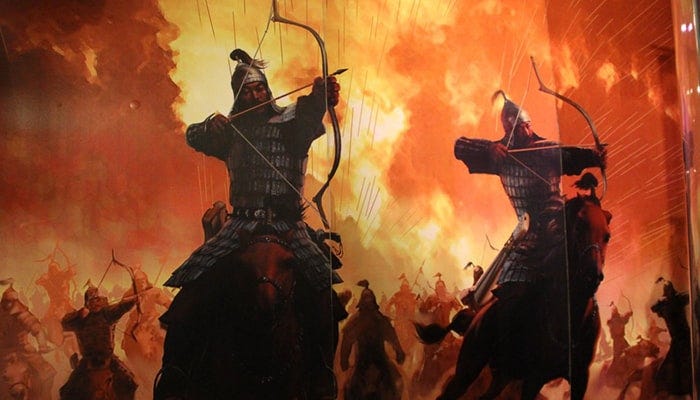 Mongol bows used in wars (Image courtesy: Mongolian Empire Warrior Mural by Oscar Padilla Álvarez Licensed under CC0 1.0)