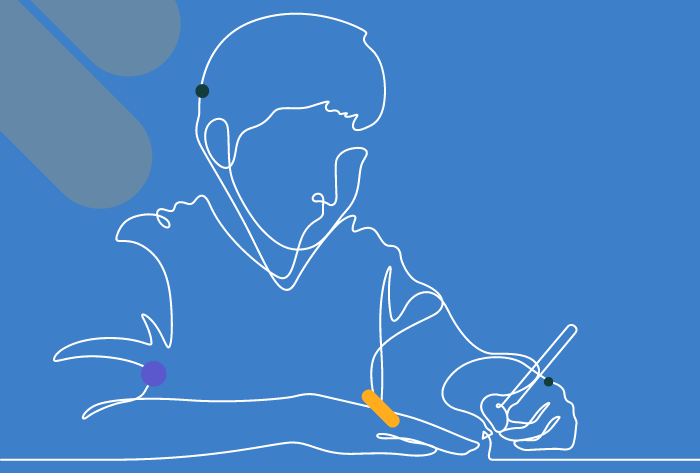 An image showing a line drawing of a boy writing