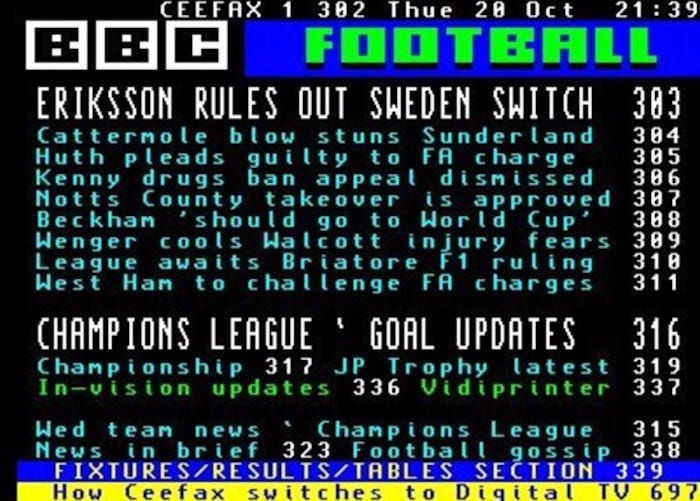 Image of BBC Football Teletext page