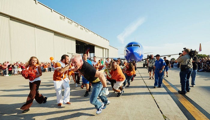 Southwest Airlines employees in a tug-of-war contest